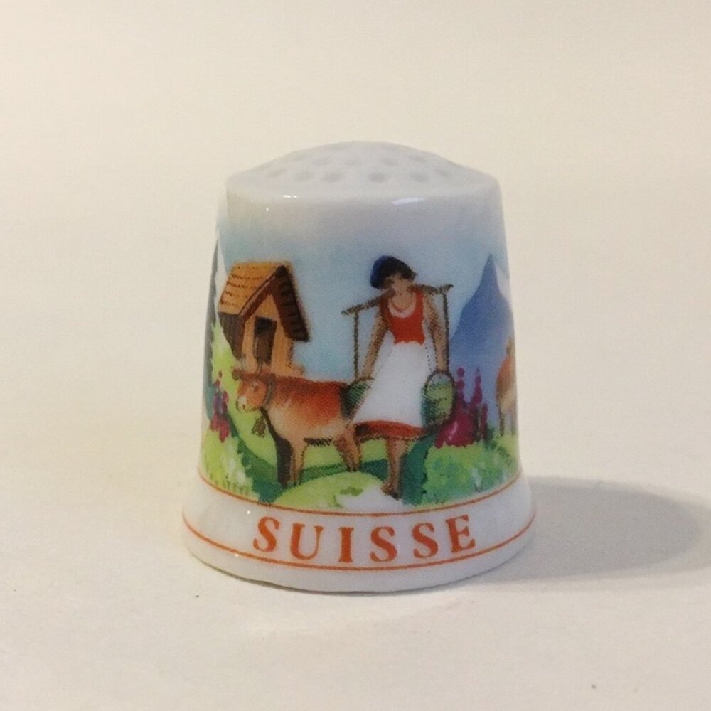 Suisse Langenthal Thimble Switzerland Farmhouse Cows Milk Maid Porcelain Vintage
